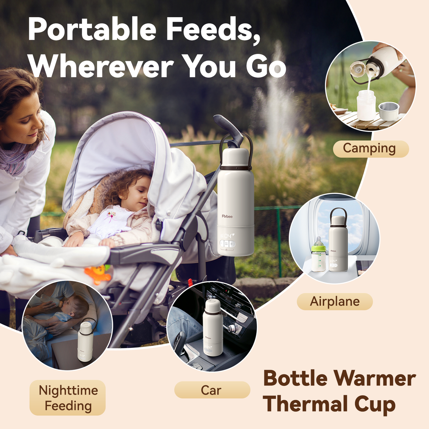 Flybee Portable Bottle Warmer, Fast Heating Cordless Portable Milk Warmer for Travel