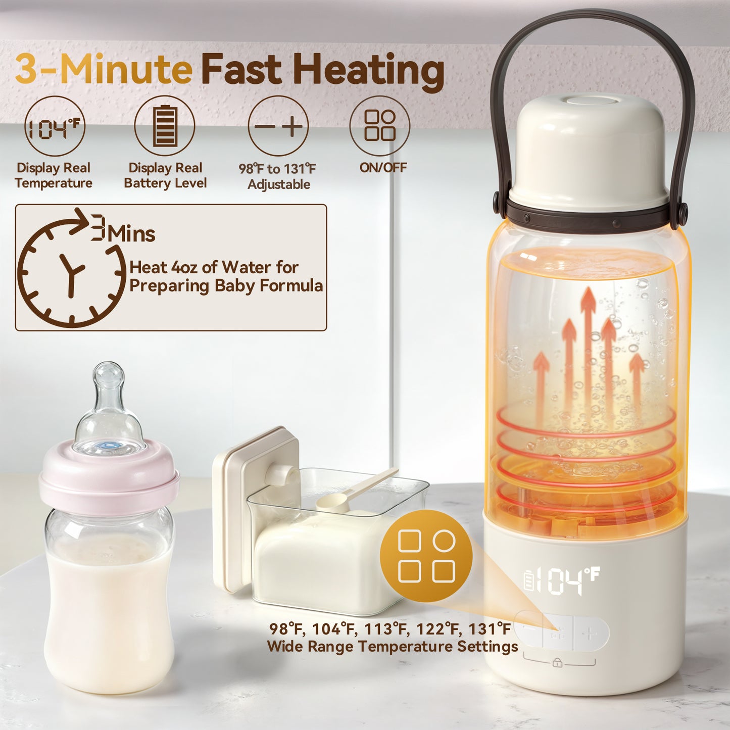 Flybee Portable Bottle Warmer, Fast Heating Cordless Portable Milk Warmer for Travel